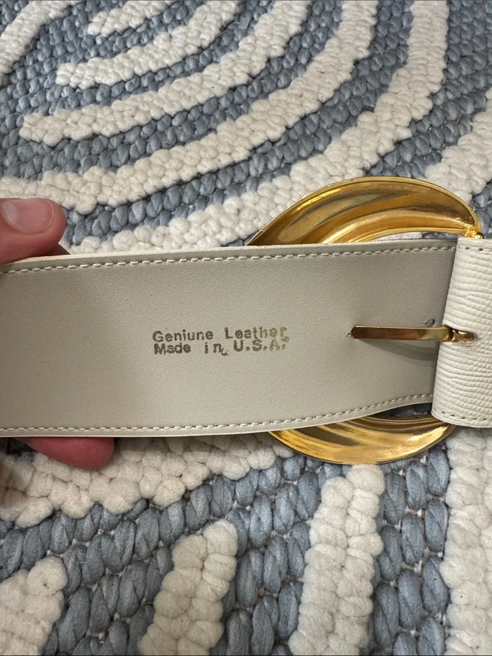 Vintage 80s 90s White Genuine Leather Belt Gold Statement Buckle Made in USA